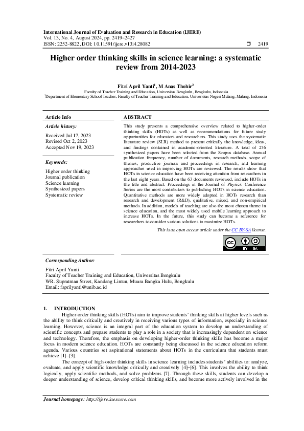 (PDF) Higher order thinking skills in science learning: a systematic ...