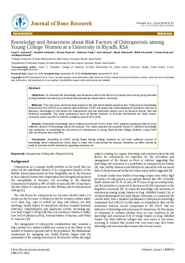 (PDF) Knowledge and Awareness about Risk Factors of Osteoporosis among ...