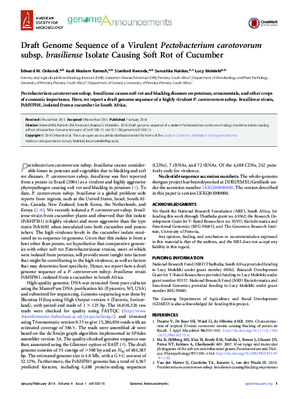 (PDF) Draft Genome Sequence of a Virulent Pectobacterium carotovorum ...