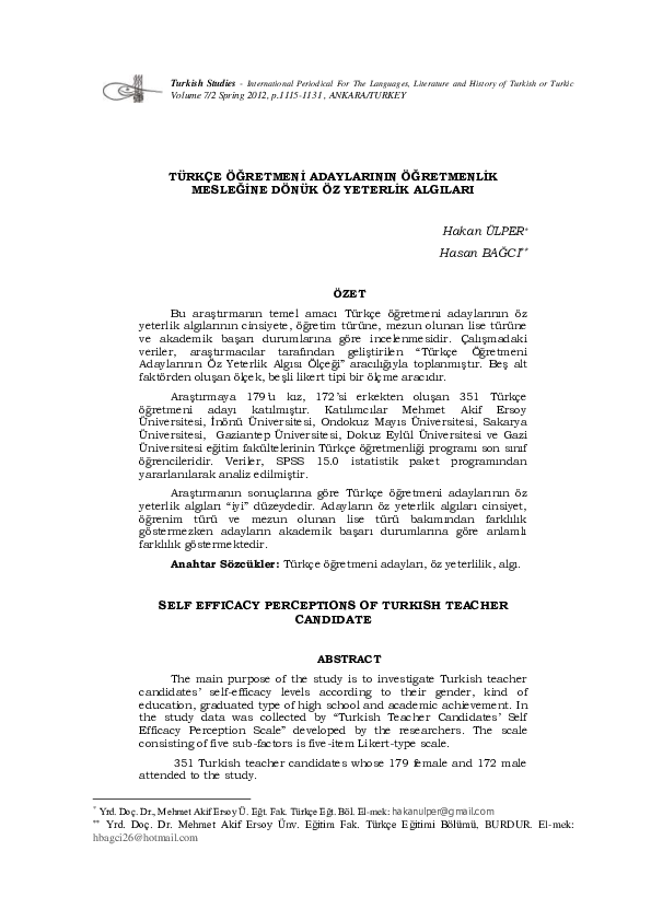 (PDF) Self Efficacy Perceptions Of Turkish Teacher Candidate