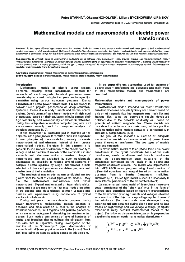 (PDF) Mathematical models and macromodels of electric power transformers