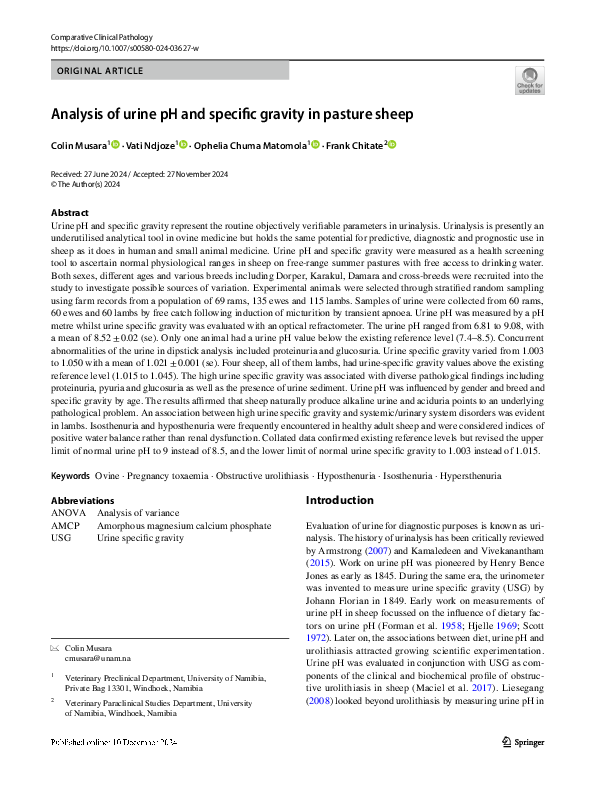 (PDF) Analysis of urine pH and specific gravity in pasture sheep