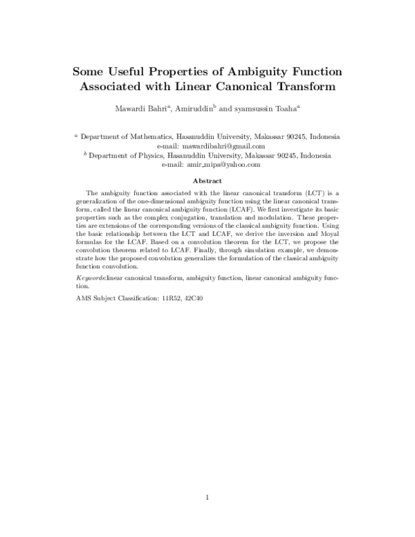 (PDF) Some Useful Properties of Ambiguity Function Associated with ...