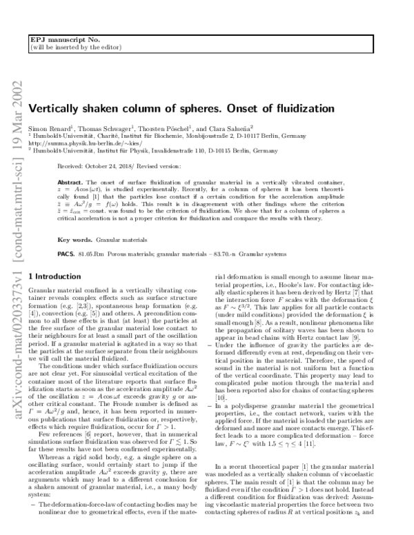 (PDF) Vertically shaken column of spheres. Onset of fluidization