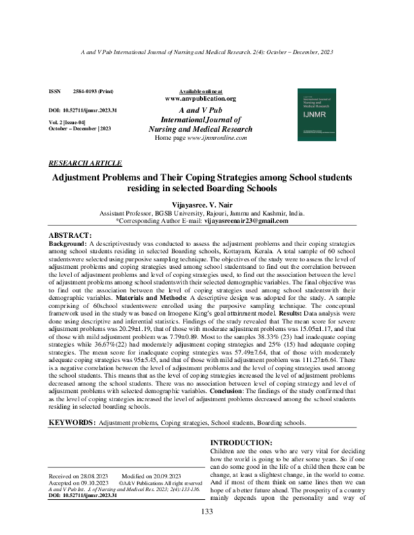 (PDF) Adjustment Problems and Their Coping Strategies among School ...