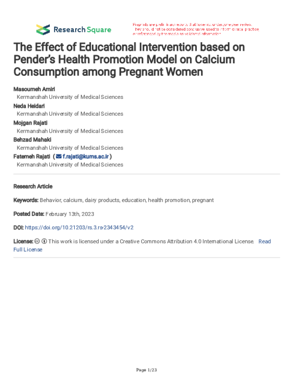 (PDF) The Effect of Educational Intervention based on Pender’s Health ...