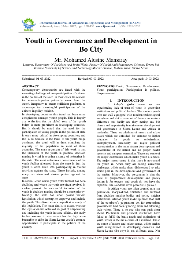 (PDF) Youth in Governance and Development in Bo City