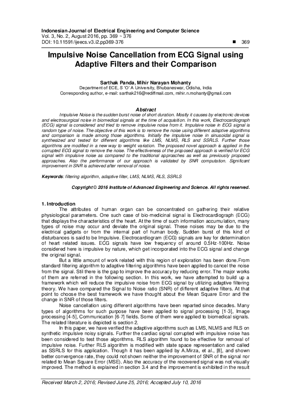 (PDF) Impulsive Noise Cancellation from ECG Signal using Adaptive ...