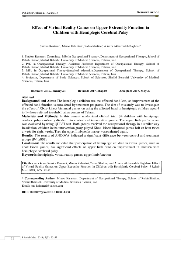 (PDF) Effect of Virtual Reality Games on Upper Extremity Function in ...