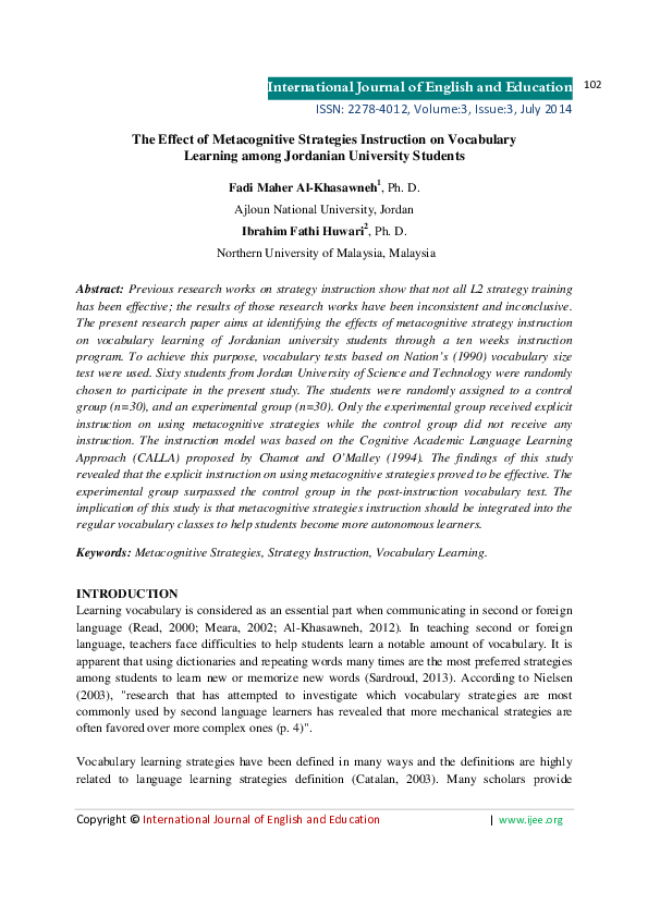 (PDF) The Effect of Metacognitive Strategies Instruction on Vocabulary ...