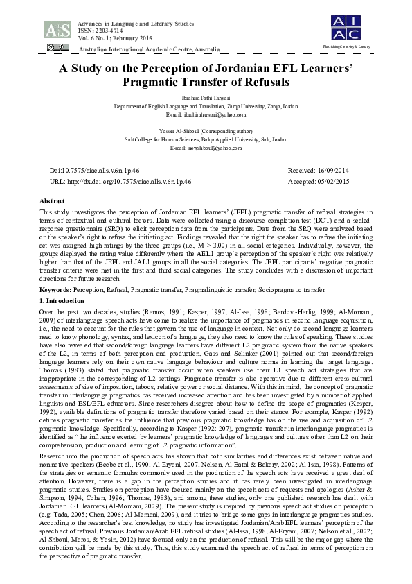 (PDF) A Study on the Perception of Jordanian EFL Learners’ Pragmatic ...