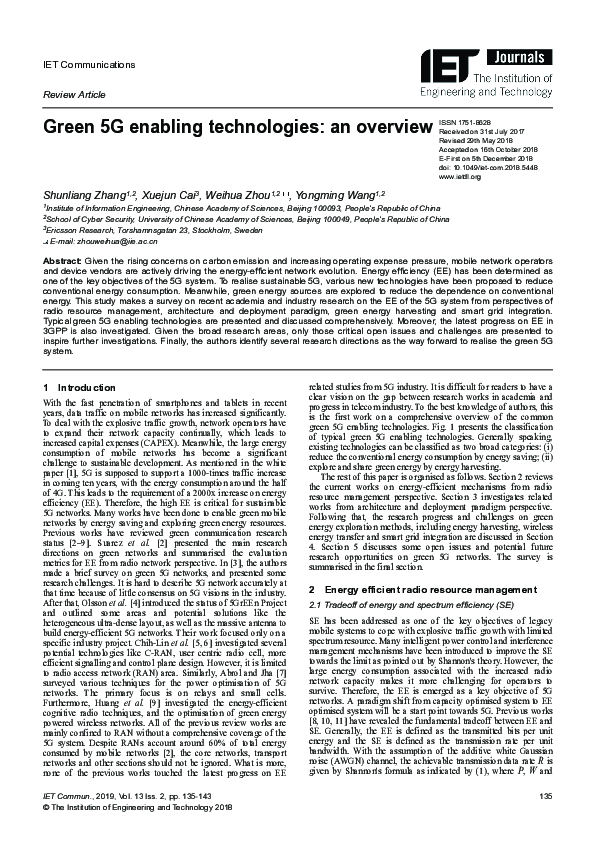 (PDF) Green 5G enabling technologies: an overview