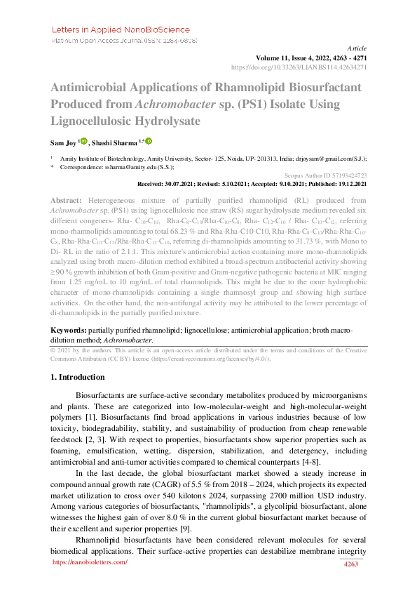 (PDF) Antimicrobial Applications of Rhamnolipid Biosurfactant Produced ...