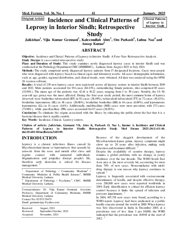 (PDF) Incidence and Clinical Patterns of Leprosy in Interior Sindh ...