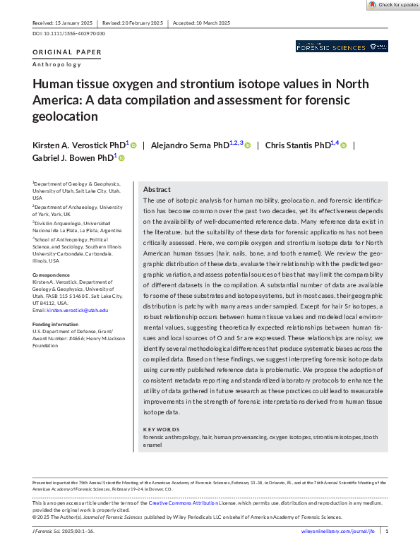 (PDF) Human tissue oxygen and strontium isotope values in North America ...