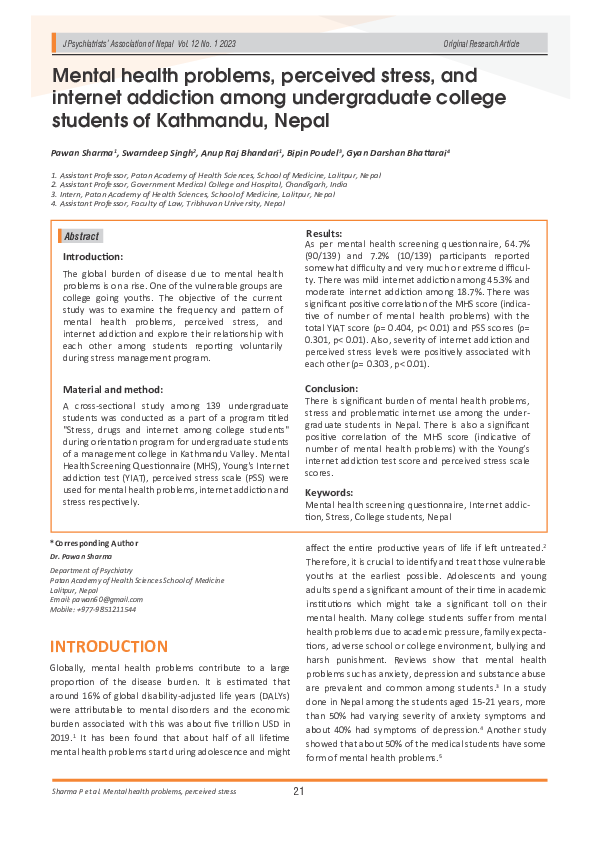 (PDF) Mental health problems, perceived stress, and internet addiction ...