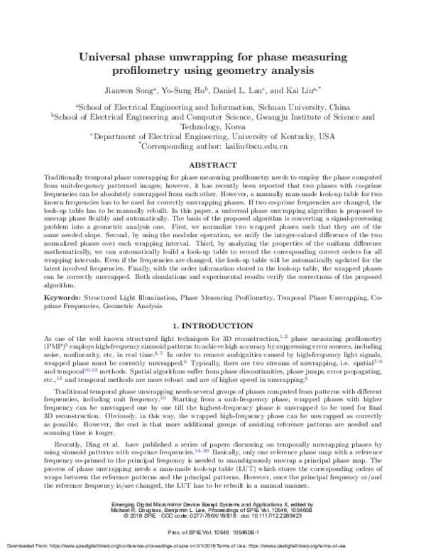 (PDF) Universal phase unwrapping for phase measuring profilometry using ...