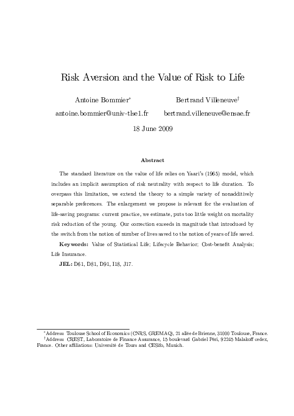 (PDF) Risk Aversion and the Value of Risk to Life