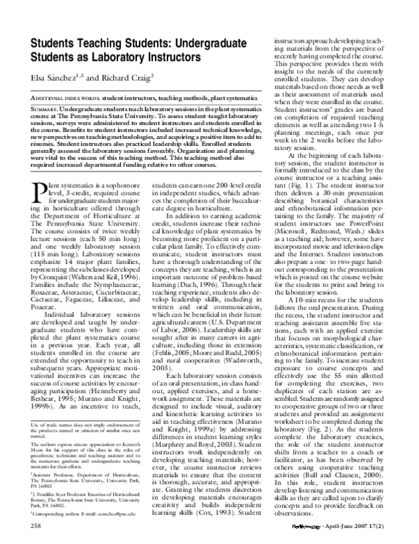 (PDF) Students Teaching Students: Undergraduate Students as Laboratory ...