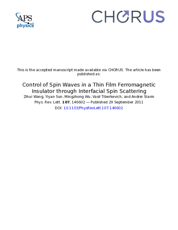 (PDF) Control of Spin Waves in a Thin Film Ferromagnetic Insulator ...