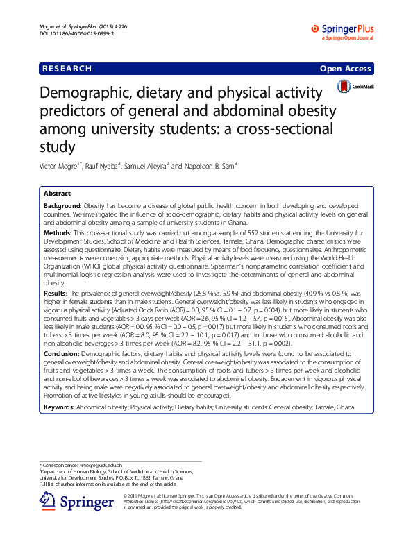 (PDF) Demographic, dietary and physical activity predictors of general ...
