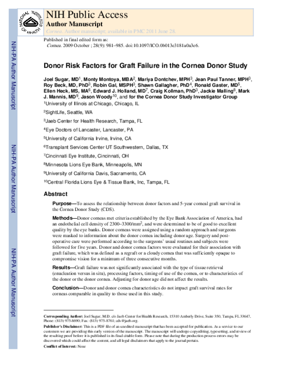 (PDF) Donor Risk Factors for Graft Failure in the Cornea Donor Study