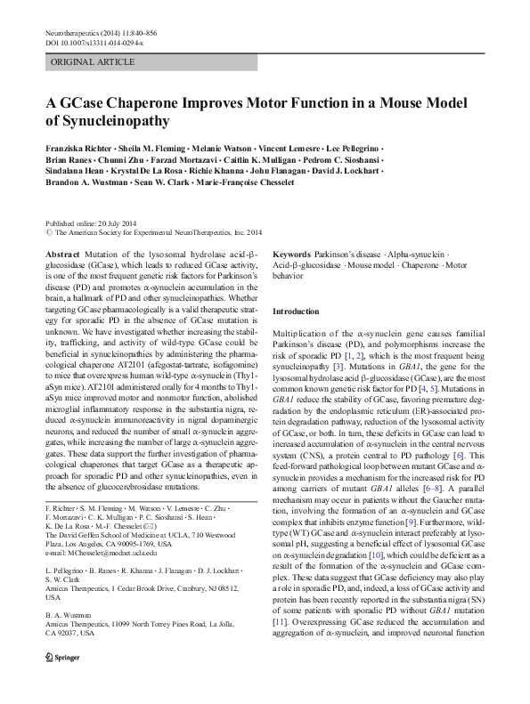 (PDF) A GCase Chaperone Improves Motor Function in a Mouse Model of ...