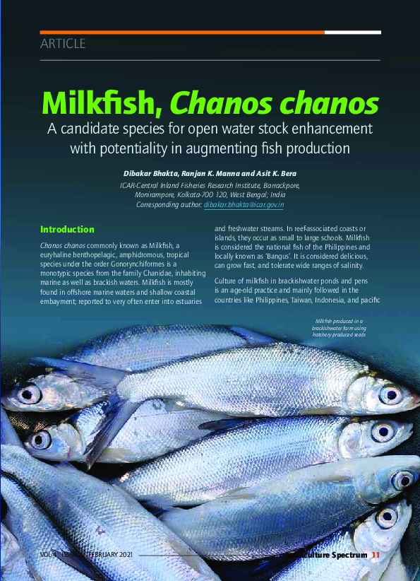 (PDF) Milkfish, Chanos chanos A candidate species for open water stock ...