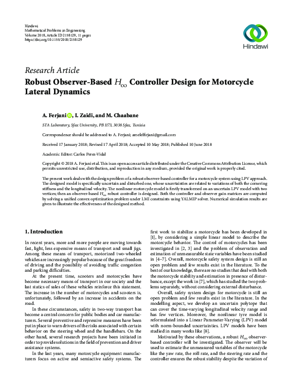 (PDF) Robust Observer-Based H∞ Controller Design for Motorcycle Lateral ...