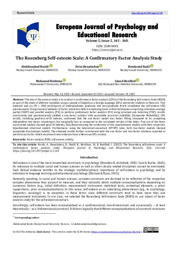 (PDF) The Rosenberg Self-esteem Scale: A Confirmatory Factor Analysis Study