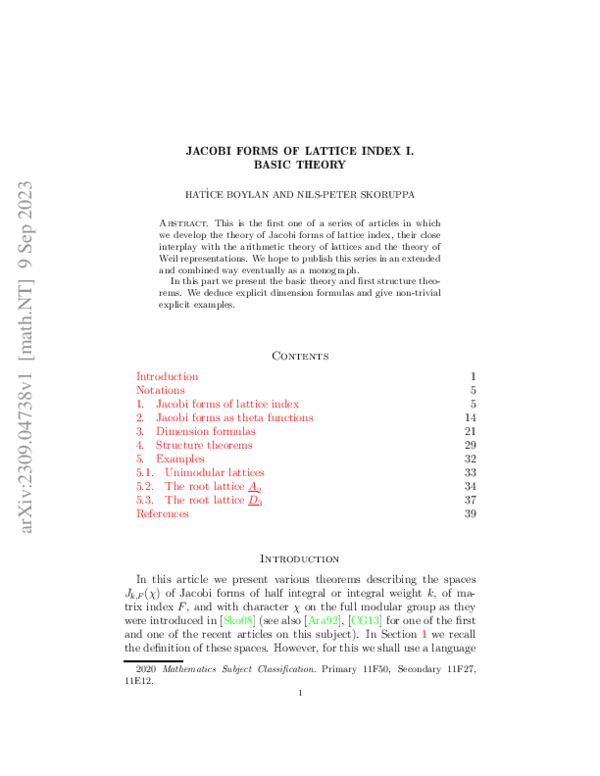 (PDF) Jacobi Forms of Lattice Index I. Basic Theory