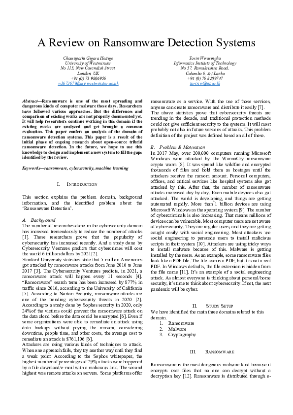 (PDF) A Review on Ransomware Detection Systems