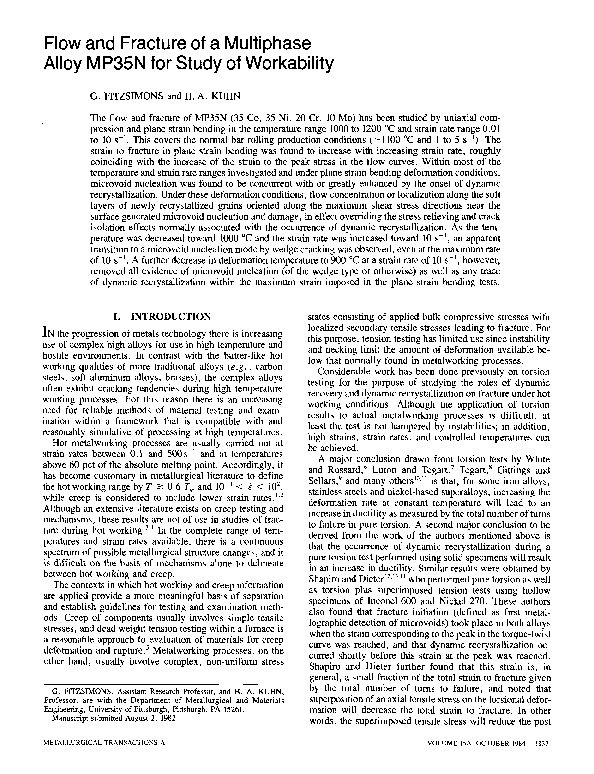 (PDF) Flow and fracture of a multiphase alloy MP35N for study of ...