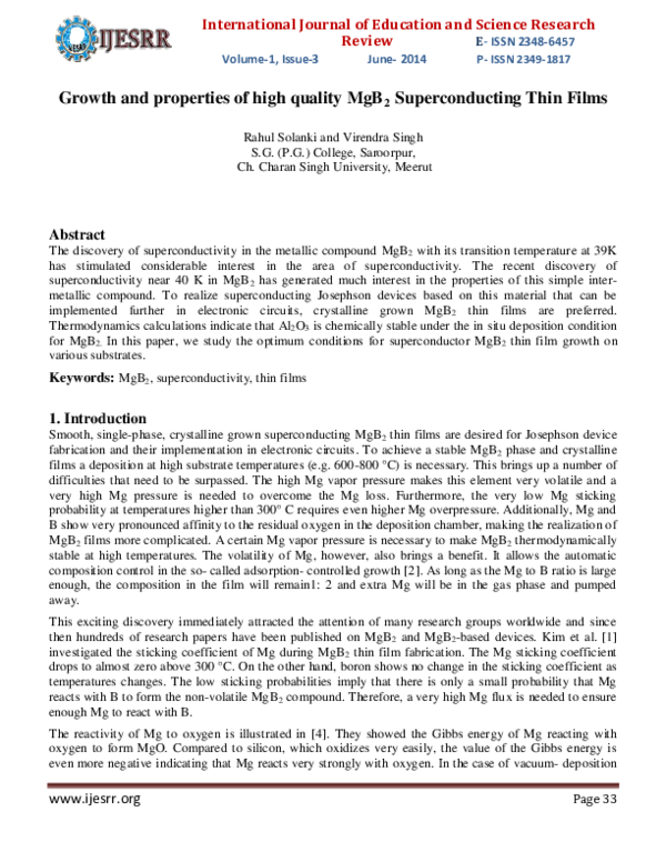 (PDF) Growth and properties of high quality MgB 2 Superconducting Thin ...