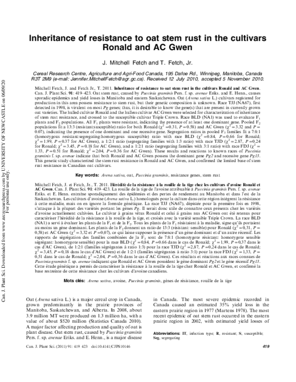 (PDF) Inheritance of resistance to oat stem rust in the cultivars ...