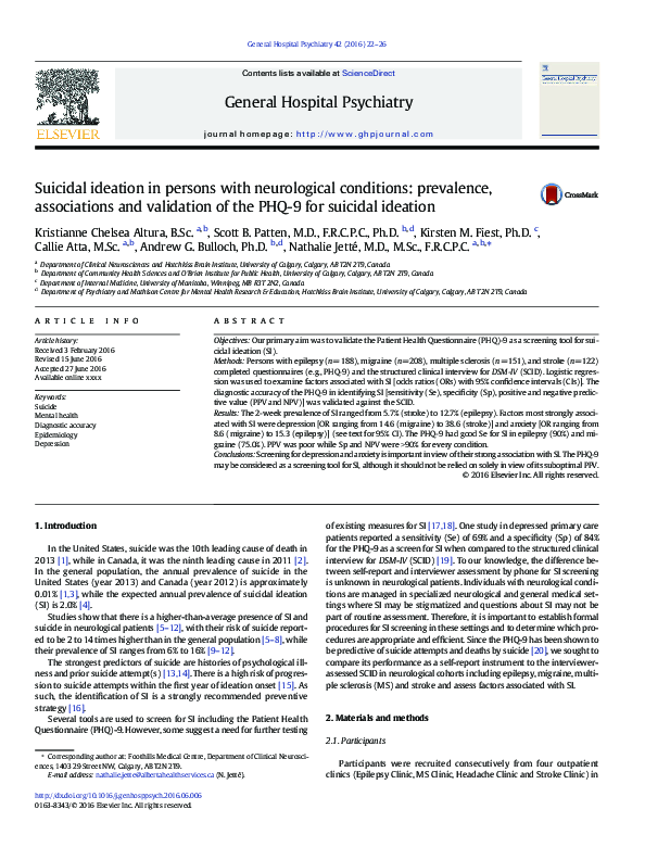 (PDF) Suicidal ideation in persons with neurological conditions ...