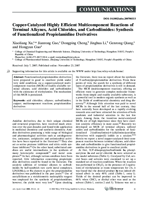 (PDF) Copper‐Catalyzed Highly Efficient Multicomponent Reactions of ...