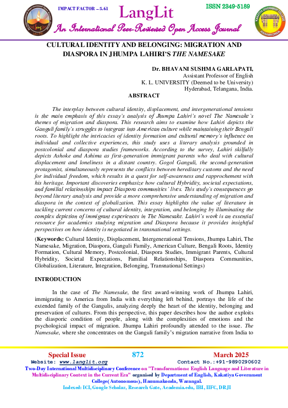 (PDF) CULTURAL IDENTITY AND BELONGING: MIGRATION AND DIASPORA IN JHUMPA ...