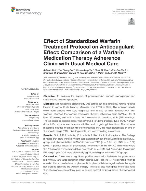 (PDF) Effect of Standardized Warfarin Treatment Protocol on ...