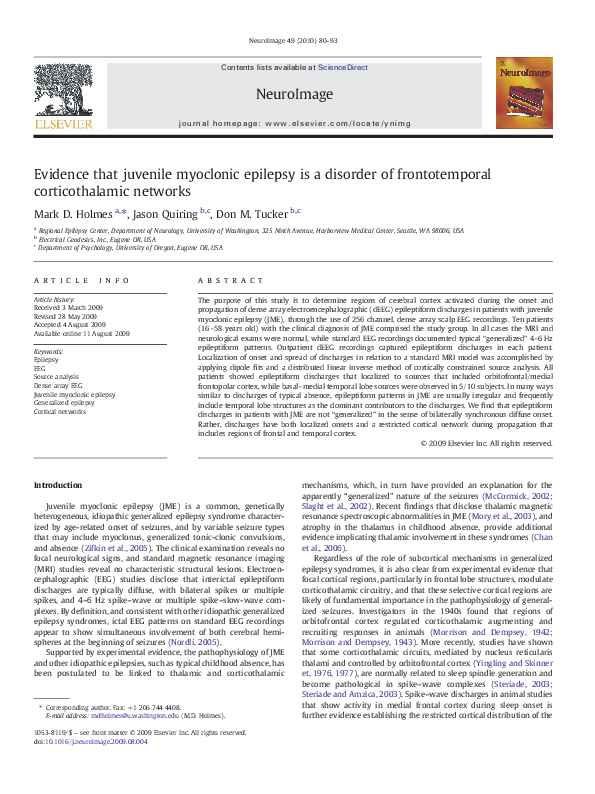 (PDF) Evidence that juvenile myoclonic epilepsy is a disorder of ...
