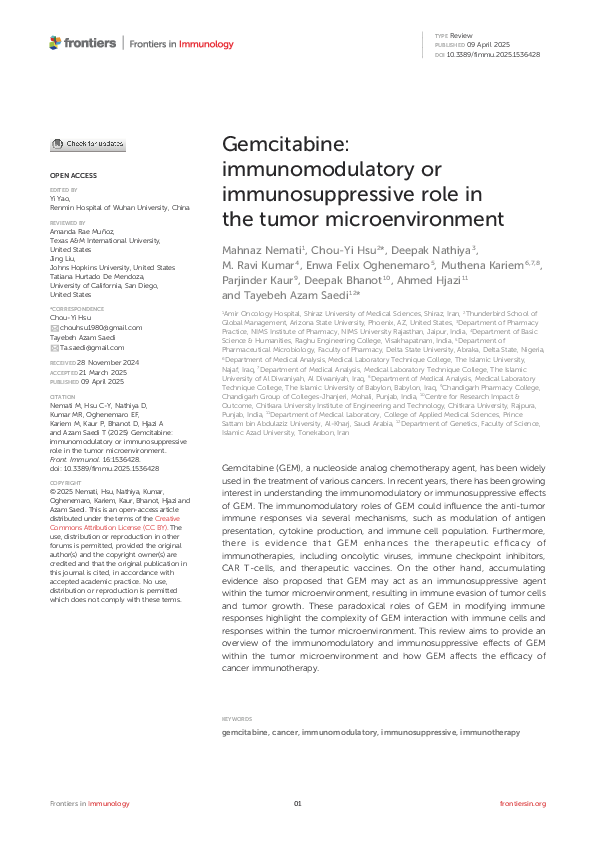 (PDF) Gemcitabine: immunomodulatory or immunosuppressive role in the ...