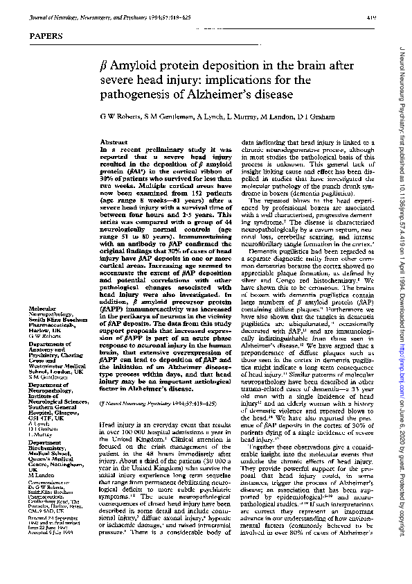 (PDF) Beta amyloid protein deposition in the brain after severe head ...