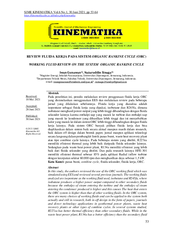 (PDF) Working Fluid Review on the System Organic Rankine Cycle