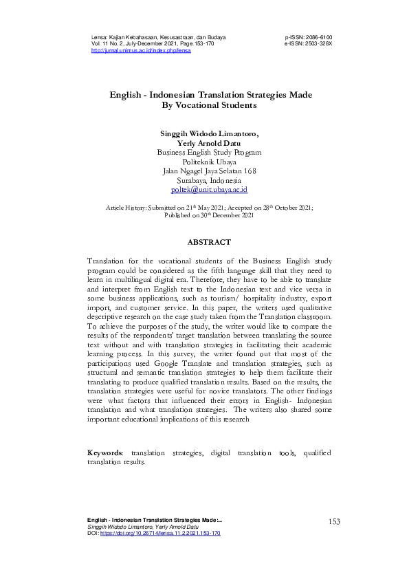 (PDF) English - Indonesian Translation Strategies Made By Vocational ...