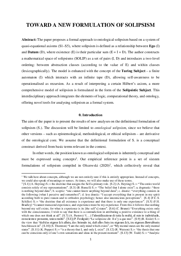 (PDF) TOWARD A NEW FORMULATION OF SOLIPSISM