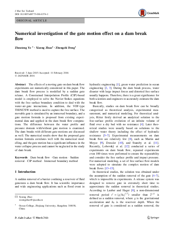 (PDF) Numerical investigation of the gate motion effect on a dam break flow