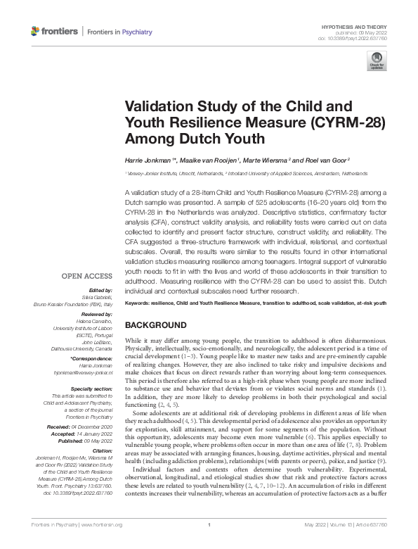 (PDF) Validation Study of the Child and Youth Resilience Measure (CYRM ...