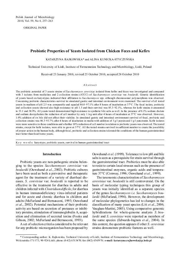 (PDF) Probiotic Properties of Yeasts Isolated from Chicken Feces and Kefirs