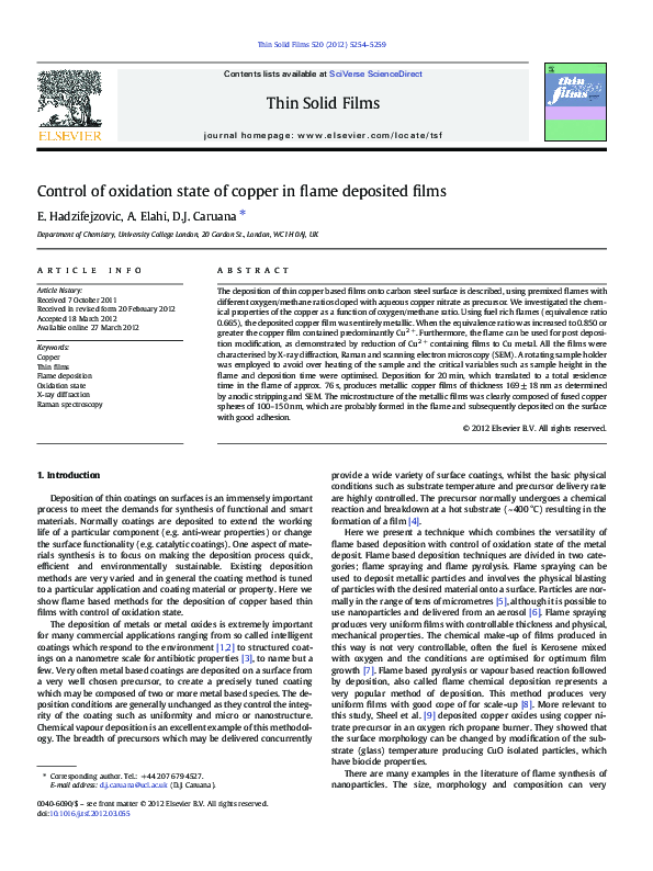 (PDF) Control of oxidation state of copper in flame deposited films