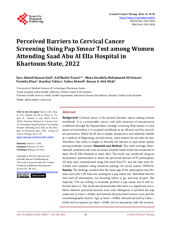 (PDF) Perceived Barriers to Cervical Cancer Screening Using Pap Smear ...